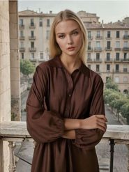 Sukienka - brązowy. Brązowe sukienki damskie Sinsay, l, bez wzorów, z satyny, bez kołnierzyka, bez ramiączek, midi. Za 45.99 zł.