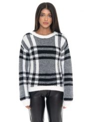 Leone 1947 Glam Winter damski sweter w kratkę z okrągłym dekoltem i metką z logo. Czarne bluzy damskie LEONE 1947 APPAREL, m, bez wzorów, z tkaniny, bez kołnierzyka, bez ramiączek, bez kaptura. Za 412.58 zł.