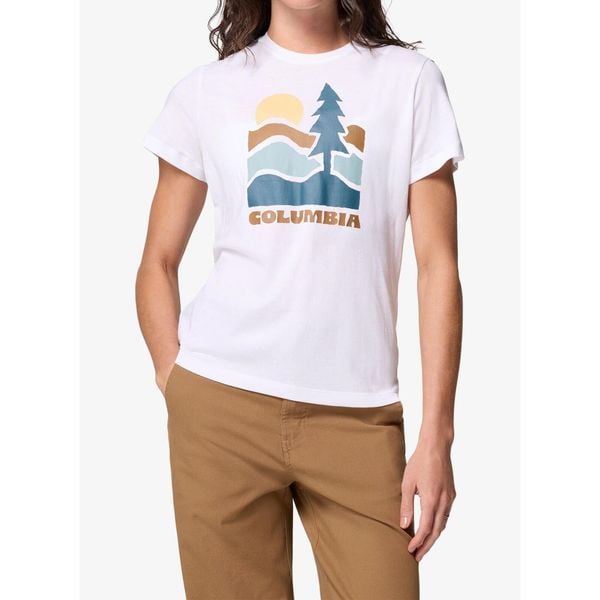 Koszulka z nadrukiem damska Columbia Ruby Springs Graphic Fitted. Białe koszulki sportowe damskie Columbia, bez wzorów, bez kołnierzyka, bez ramiączek. Za 89.99 zł.