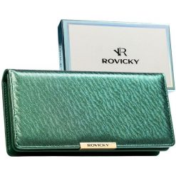 Portfel damski ze skóry ekologicznej w zielonym kolorze, wyposażony w system RFID - Rovicky. Zielone portfele damskie ROVICKY, bez wzorów, ze skóry ekologicznej. Za 79.99 zł.