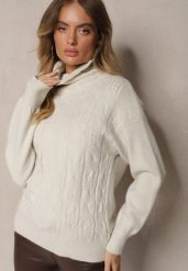 Beżowy Casualowy Golf z Tłoczonym Wzorem Daivyn. Brązowe swetry damskie Renee, na zimę, bez wzorów, bez kołnierzyka, bez ramiączek, bez kaptura. Za 84.99 zł.