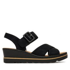 Sandały Rieker. Czarne sandały damskie Rieker, bez wzorów, bez obcasa, na koturnie, bez zapięcia. Za 224.99 zł.