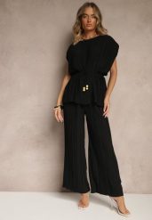 Czarny Komplet Spodnie o Szerokim Kroju i Bluzka z Usztywnioną Linią Ramion Nilamira. Czarne bluzki damskie Renee, m, bez wzorów, eleganckie, bez kołnierzyka, bez ramiączek. Za 129.99 zł.