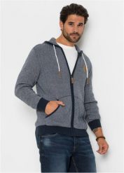 Sweter rozpinany z kapturem, z czystej bawełny. Niebieskie kardigany męskie bonprix, l, z aplikacjami, z bawełny. Za 147.99 zł.