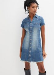 Sukienka dżinsowa z guzikami. Niebieskie sukienki damskie bonprix, bez wzorów, bez kołnierzyka, bez ramiączek. Za 159.99 zł.