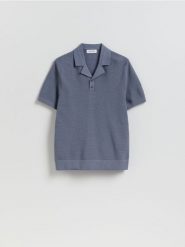 Strukturalny sweter polo - granatowy. Niebieskie swetry przez głowę męskie Reserved, l, bez wzorów, z bawełny, bez kołnierzyka. Za 119.99 zł.