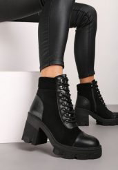Czarne Botki na Obcasie z Platformą Ozdobione Wstawkami Ezilda. Czarne botki damskie Renee, z jeansu, eleganckie, bez obcasa, na obcasie, bez zapięcia. Za 159.99 zł.