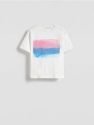 T-shirt z nadrukiem - złamana biel. T-shirty damskie Reserved, l, bez wzorów, z bawełny, bez kołnierzyka. Za 45.99 zł.