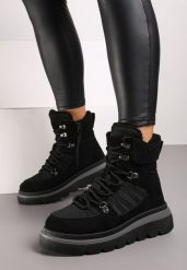 Czarne Traperki na Grubej Podeszwie Ozdobione Futerkiem Linthira. Czarne śniegowce i trapery damskie Born2be, z futra. Za 99.99 zł.