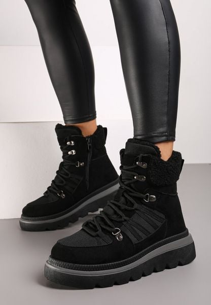 Czarne Traperki na Grubej Podeszwie Ozdobione Futerkiem Linthira. Czarne śniegowce i trapery damskie Born2be, z futra. Za 99.99 zł.