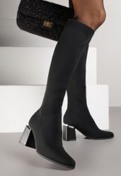 Czarne Eleganckie Kozaki VICES ze Skarpetkową Cholewką na Słupku z Aplikacją Raleana. Czarne kozaki damskie Renee, bez obcasa, na obcasie. Za 159.99 zł.