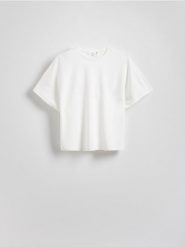 T-shirt kimono z dodatkiem modalu - biały. Białe t-shirty damskie Reserved, l, bez wzorów, z dzianiny, bez kołnierzyka. W wyprzedaży za 49.99 zł.
