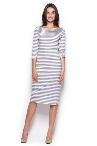 Pasiasta Midi Sukienka z Rękawem do Łokcia - Szary. Szare sukienki damskie Figl, l, bez wzorów, z bawełny, bez kołnierzyka, bez ramiączek, midi. Za 219.00 zł.