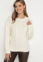 Jasnobeżowy Sweter z Wełną Ściągaczem i Tłoczeniem Riavonnae. Brązowe swetry damskie Born2be, bez wzorów, z jeansu, eleganckie, bez kołnierzyka, bez ramiączek, bez kaptura. Za 59.99 zł.