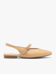 Beżowe czółenka bez pięty ze skóry licowej. Brązowe czółenka damskie Ryłko, bez wzorów, ze skóry, eleganckie, z okrągłym noskiem, bez obcasa, bez zapięcia. Za 349.99 zł.