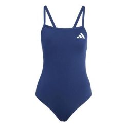 Jednoczęściowy kostium kąpielowy z plecami w kształcie V, cienkimi ramiączkami d. Niebieskie kostiumy jednoczęściowe damskie Adidas, bez wzorów, z tkaniny, sportowe, na fitness i siłownię. Za 177.10 zł.