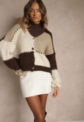 Brązowy Oversizowy Kardigan w Patchworkowym Stylu z Guzikami i Domieszką Wełny Atavita. Brązowe kardigany damskie Renee, bez wzorów, z wełny. Za 169.99 zł.