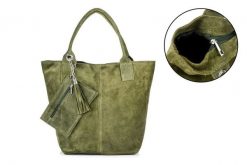 Włoska Torebka Skórzana Zamszowa A4 Shopperka Oliwkowa T49. Zielone torebki shopper damskie bez wzorów, ze skóry, zamszowe, bez dodatków. Za 199.99 zł.