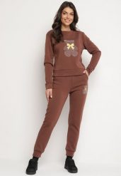 Brązowy Bawełniany Komplet Dresowy z Ociepleniem i Misiem Bluza i Spodnie z Gumką w Pasie Nelasina. Brązowe bluzy damskie Born2be, m, z aplikacjami, z bawełny, bez kaptura. Za 89.99 zł.