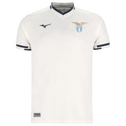 Zewnętrzny strój Lazio Rzym 2025/26. Białe koszulki sportowe męskie Mizuno, bez wzorów, bez kołnierzyka, bez ramiączek, do piłki nożnej. Za 469.50 zł.