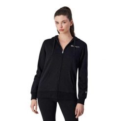 Bluza Damska Z Pełnym Zamkiem Błyskawicznym Z Markowym Rękawem. Czarne bluzy damskie Champion, l, bez wzorów, z bawełny, z kapturem. Za 426.99 zł.