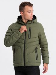 Sportowa kurtka męska pikowana - khaki V6 - Rozmiar: S. Brązowe kurtki męskie Ombre Clothing, m, bez wzorów, z nylonu. W wyprzedaży za 89.99 zł.