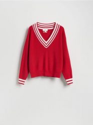 Sweter z lnem - czerwony. Czerwone swetry damskie Reserved, l, bez wzorów, z bawełny, bez kołnierzyka, bez ramiączek, bez kaptura. Za 199.99 zł.