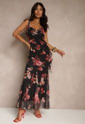 Czarny Komplet w Kwiatowy Wzór Spódnica i Top Zdobiony Falbanami i Wiązaniem Saraveira. Czarne spódnice damskie Renee, m, z aplikacjami, eleganckie. Za 139.99 zł.