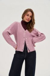 Kardigan różowy. Czerwone kardigany damskie MOODO, l, bez wzorów, z poliamidu. Za 139.99 zł.