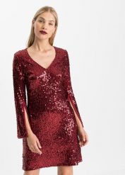 Sukienka z cekinami i rozkloszowanymi rękawami. Czerwone sukienki damskie bonprix, na imprezę, bez wzorów, bez kołnierzyka, bez ramiączek, rozkloszowane. Za 79.99 zł.