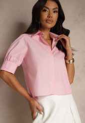 Różowa Koszula z Bawełny z Bufiastymi Rękawami Silanira. Czerwone bluzki damskie Renee, l, bez wzorów, z bawełny, eleganckie, bez kołnierzyka, bez ramiączek. Za 74.99 zł.