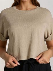 Koszulka boxy - beżowy. Brązowe t-shirty damskie Sinsay, l, bez wzorów, boho, bez kołnierzyka. W wyprzedaży za 22.99 zł.