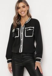 Czarna Koszula z Broszką z Kokardką i Ozdobnymi Lamówkami Evelima. Czarne bluzki damskie Born2be, m, bez wzorów, z jeansu, bez kołnierzyka, bez ramiączek. Za 74.99 zł.