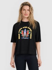 4F T-shirt oversize z nadrukiem damski - czarny XL. Czarne koszulki sportowe damskie 4f, uniwersalny, bez wzorów, z bawełny, bez kołnierzyka, bez ramiączek. W wyprzedaży za 39.99 zł.