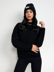 Sweter - czarny. Czarne swetry damskie Sinsay, l, bez wzorów, ze splotem, bez kołnierzyka, bez ramiączek, długie, bez kaptura. Za 49.99 zł.