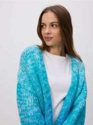 Wzorzysty kardigan - turkusowy. Niebieskie kardigany damskie Reserved, l, bez wzorów, z dzianiny. W wyprzedaży za 89.99 zł.