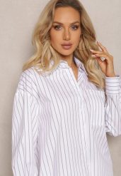Biała Klasyczna Koszula Ozdobiona Wzorem w Paseczki Anizel. Białe bluzki damskie Renee, l, bez wzorów, klasyczne, bez kołnierzyka, bez ramiączek. Za 89.99 zł.