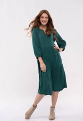 Luźna sukienka midi G-TEA. Niebieskie sukienki damskie Volcano, s, z aplikacjami, z materiału, bez kołnierzyka, bez ramiączek, maxi. Za 159.99 zł.