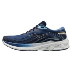 Buty do biegania męskie Mizuno Wave Skyrise 5 Classic Blue. Niebieskie buty sportowe męskie Mizuno, ze splotem, bez zapięcia, do biegania, mizuno wave. W wyprzedaży za 349.99 zł.