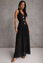 Czarna Sukienka z Dekoltem Halter i Ozodbymi Guzikami z Przodu Nesia. Czarne sukienki dla dziewczynek Renee, bez wzorów, bez ramiączek. Za 149.99 zł.