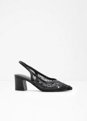 Czółenka z odkrytą piętą. Czarne czółenka damskie bonprix, bez wzorów, eleganckie, bez obcasa, bez zapięcia. Za 149.99 zł.