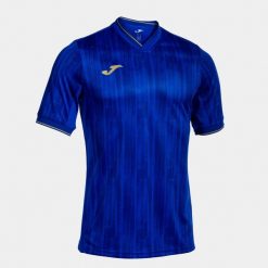 Koszulka Joma Gold VI. Niebieskie koszulki sportowe męskie Joma, m, bez wzorów, z materiału, bez kołnierzyka, bez ramiączek, do piłki nożnej. Za 146.80 zł.