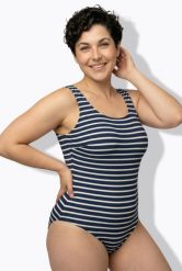 Damskie Strój kąpielowy prążki bez miękkich miseczek okrągły dekolt. Niebieskie kostiumy jednoczęściowe damskie Ulla Popken, plus size, bez wzorów, z elastanu, sportowe, plus size, do pływania. Za 191.99 zł.