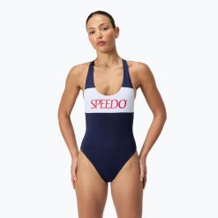 Strój pływacki jednoczęściowy damski Speedo Colourblock Racerback. Niebieskie kostiumy jednoczęściowe damskie Speedo, l, bez wzorów, sportowe, do pływania. Za 139.99 zł.