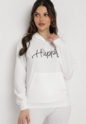 Biała Bluza z Kapturem Napisem i Kangurkową Kieszenią Adrippa. Białe bluzy damskie Born2be, l, bez wzorów, z kapturem. Za 79.99 zł.