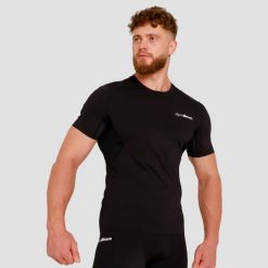 Koszulka męska fitness kompresyjna slim High. Czarne koszulki sportowe męskie GYMBEAM, l, bez wzorów, z elastanu, bez kołnierzyka, bez ramiączek, na fitness i siłownię. Za 94.90 zł.