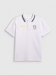 4F Koszulka polo regular męska 4F x Robert Lewandowski - biała XL. Białe koszulki polo męskie 4f, m, bez wzorów, z bawełny, klasyczne, bez ramiączek. Za 129.99 zł.