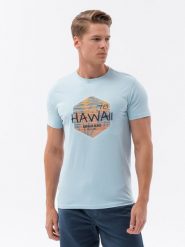 T-shirt męski bawełniany z nadrukiem - błękitny V2. Niebieskie t-shirty męskie Ombre Clothing, m, bez wzorów, z bawełny, klasyczne, bez kołnierzyka. W wyprzedaży za 19.99 zł.