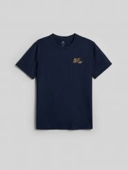 4F T-shirt regular z nadrukiem męski - granatowy S. Niebieskie t-shirty męskie 4f, m, bez wzorów, z bawełny, klasyczne, bez kołnierzyka. Za 69.99 zł.