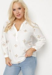 Biała Koszula z Wiskozą Zdobiona Haftem z Metaliczną Nicią Parlivia. Białe bluzki damskie Born2be, plus size, z aplikacjami, z jeansu, eleganckie, bez kołnierzyka, plus size, bez ramiączek. Za 84.99 zł.